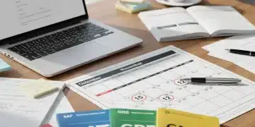 Calendar with circled dates for 2026 standardized test registration deadlines, test prep materials, and a laptop.
