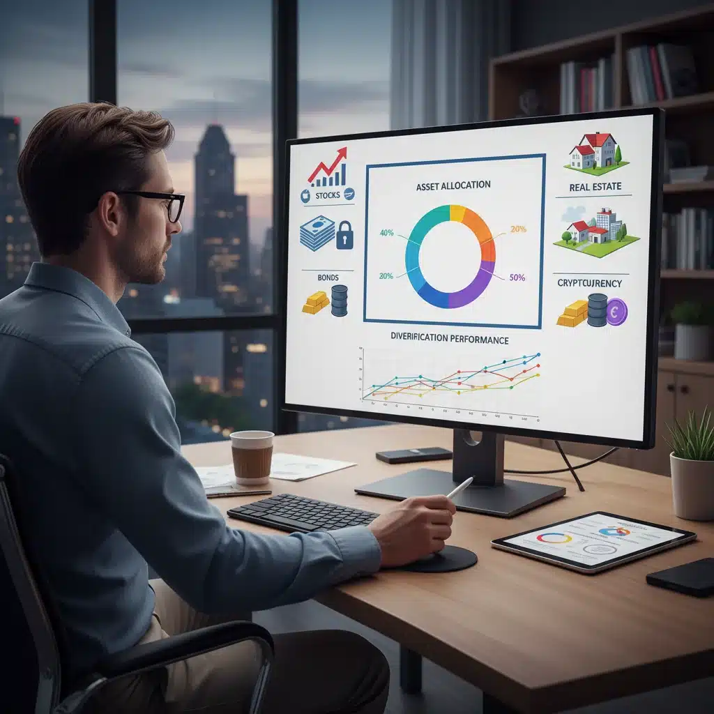 Investor analyzing diversified asset allocation strategies on a computer.