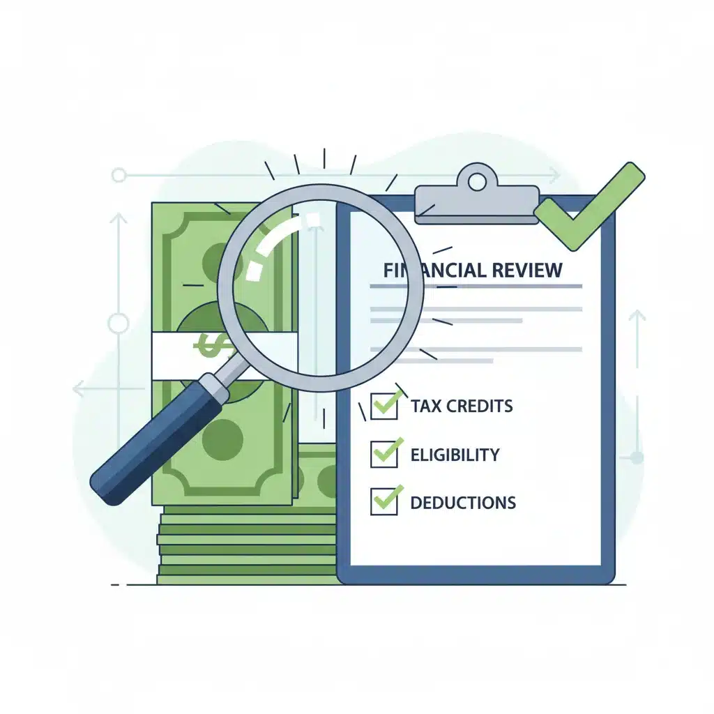 Financial checklist and magnifying glass for EITC eligibility
