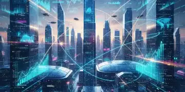 Futuristic cityscape with digital financial data, symbolizing fintech innovation and investment growth.