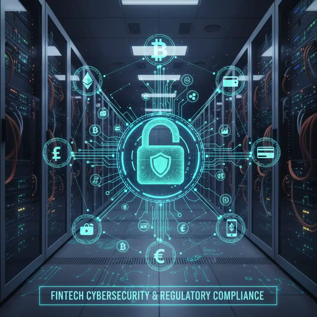 Digital padlock with cryptocurrency symbols, representing fintech security and regulation.