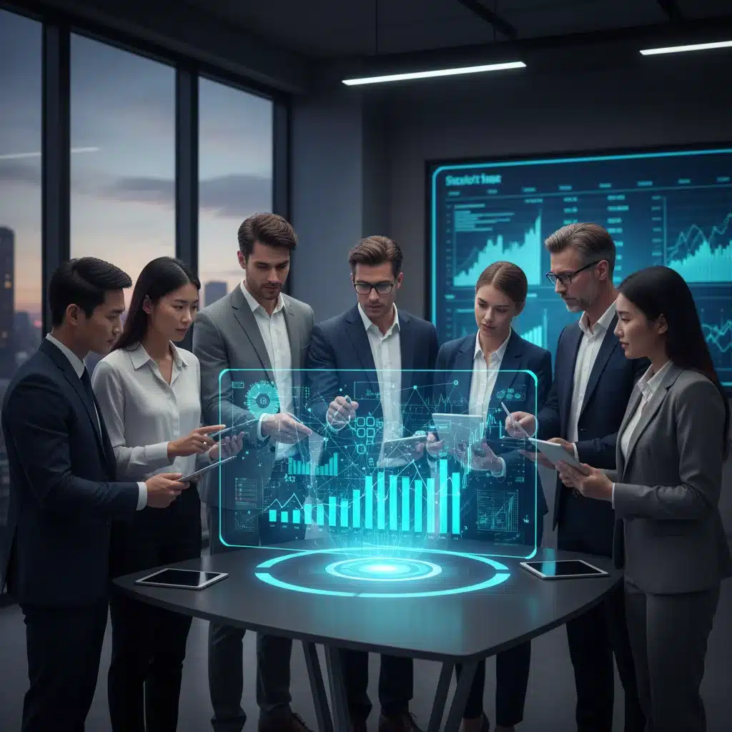 Professionals analyzing financial data on a holographic display, symbolizing strategic fintech investment.