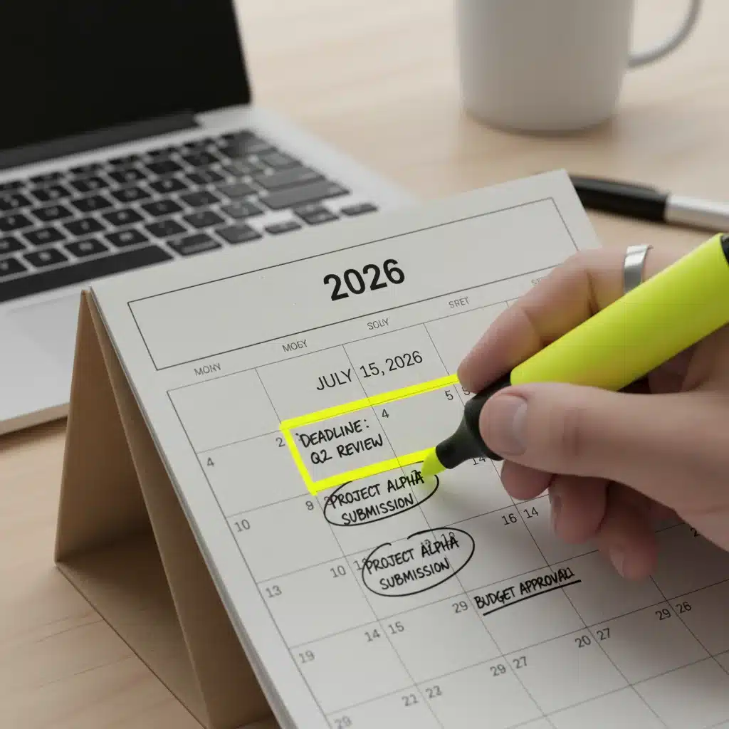 Hand highlighting 2026 test registration deadline on a calendar with a yellow marker.