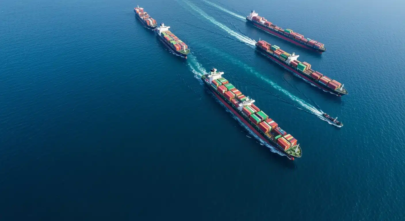 An aerial drone view emphasizing global supply chain disruption, with a container ship subtly blocking a shipping lane, causing a geometric pattern of other ships and a visible ripple effect across the serene ocean.