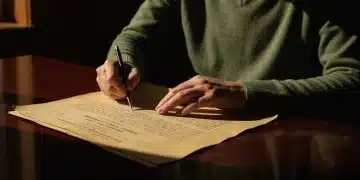 A person studying the aged text of the Social Security Act of 1935 on a mahogany desk under dramatic directional light, emphasizing its historical significance for public assistance.