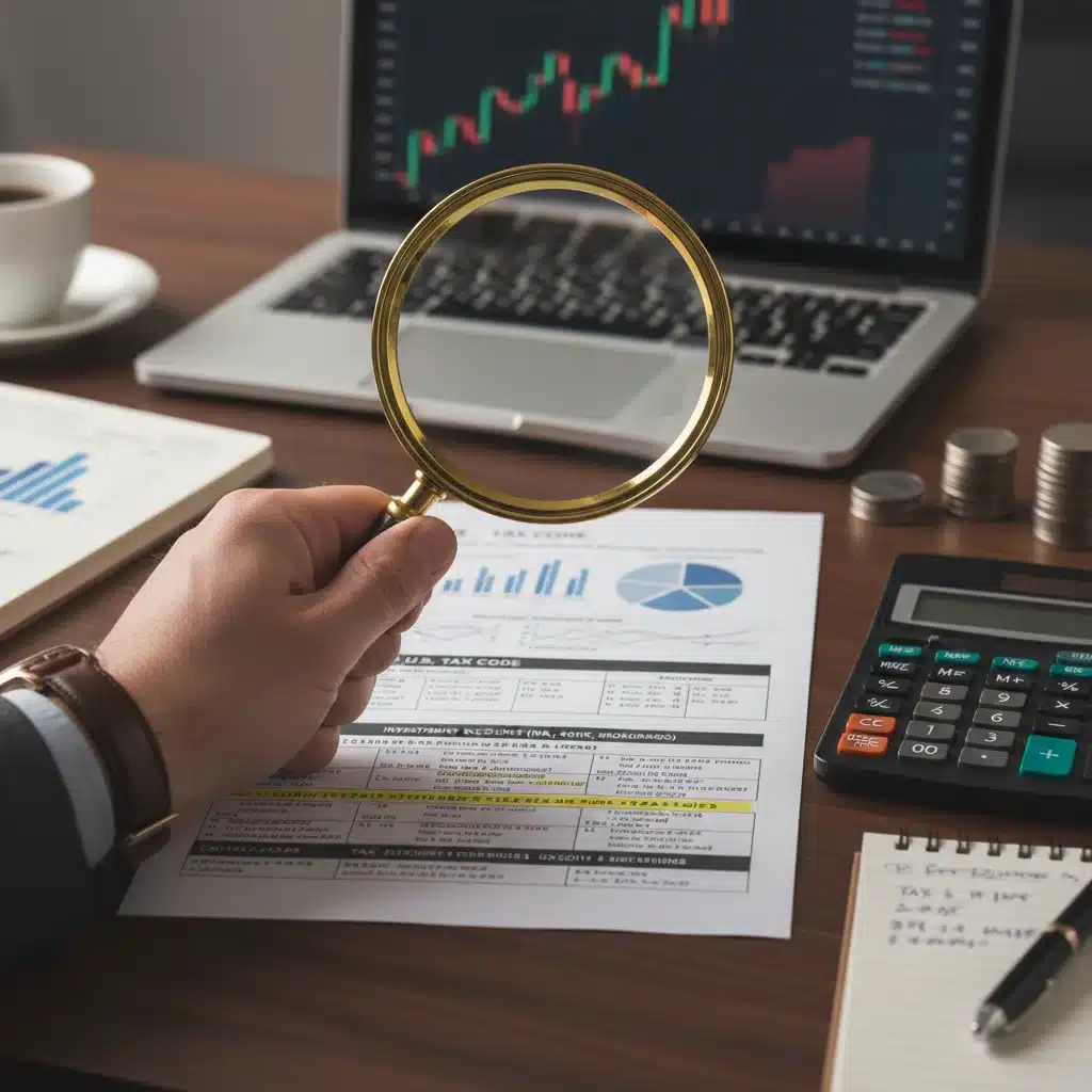 Close-up of a magnifying glass on tax documents for investment planning.