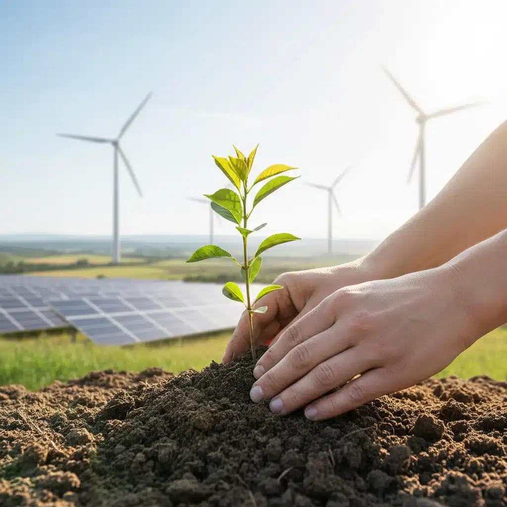 Hands planting a tree, symbolizing environmental sustainability and clean energy