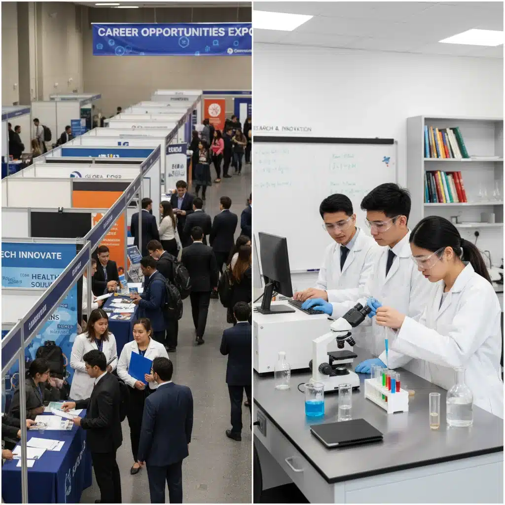 Students at a career fair and collaborating in a lab, representing career and research opportunities.