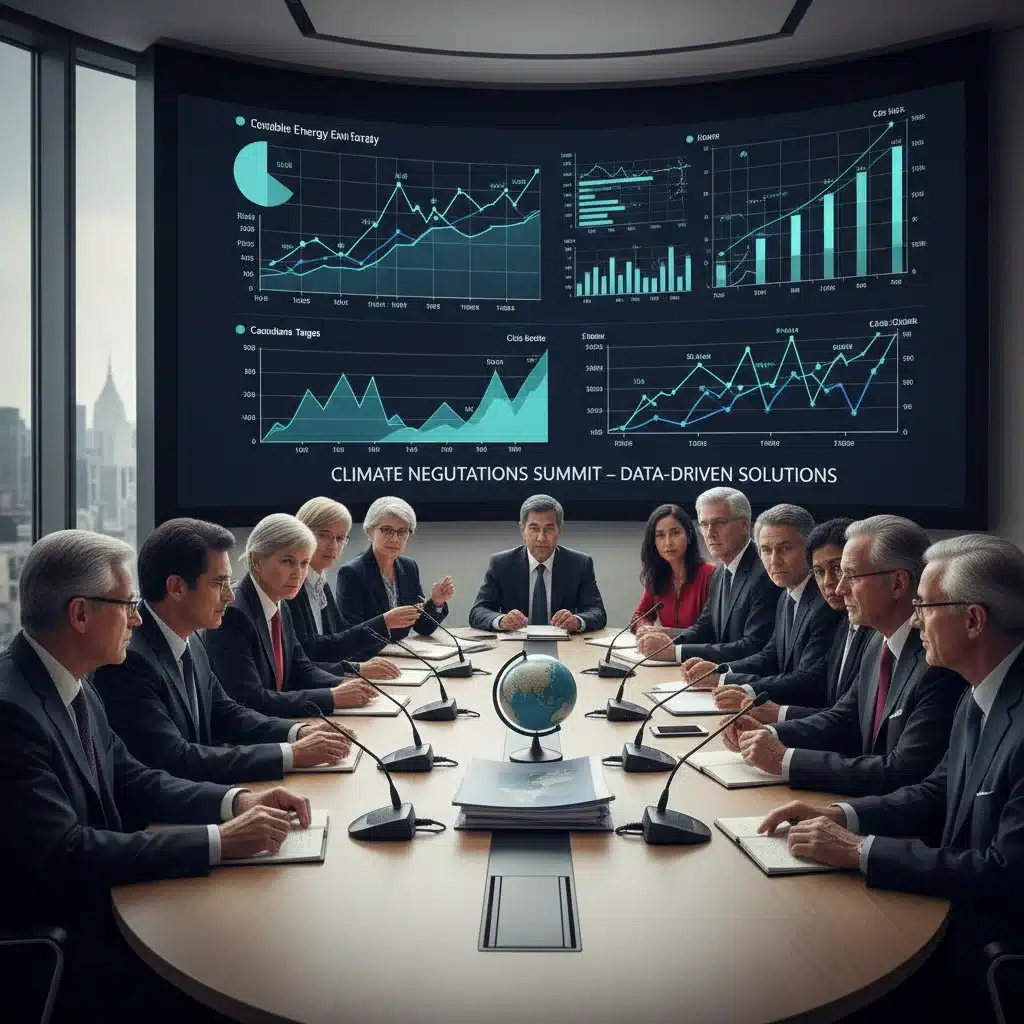 World leaders and scientists discussing climate data and policy at a global summit, representing the intricate negotiations.