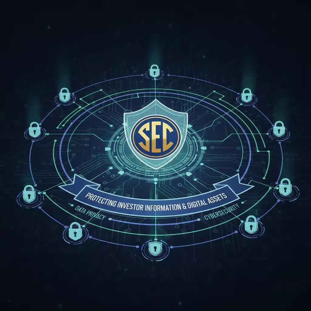 Digital locks and shield icons symbolizing data privacy and cybersecurity measures.