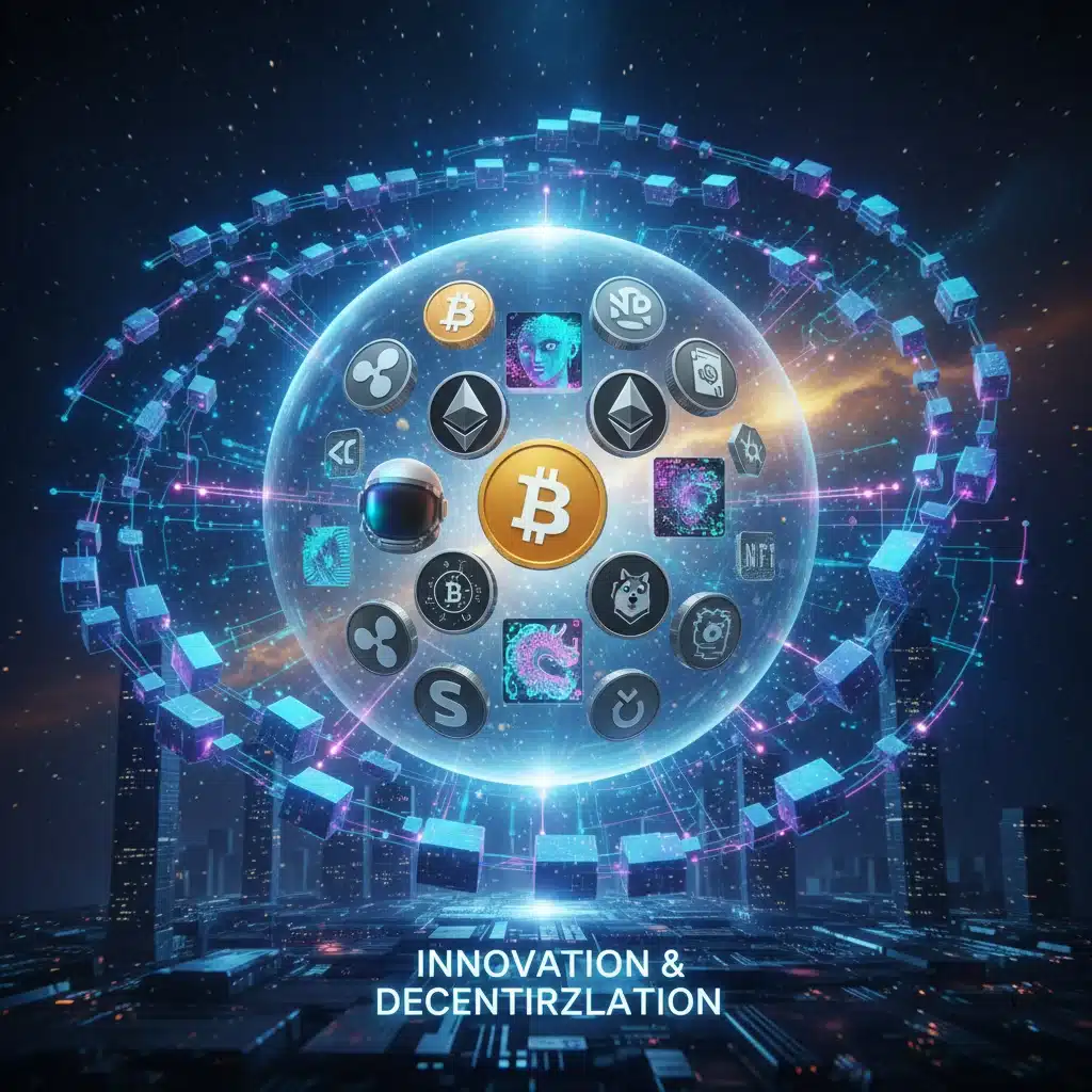 Digital assets illustration with cryptocurrency, NFTs, and blockchain network