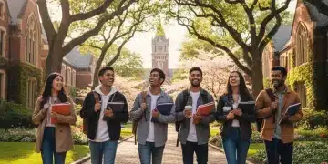Diverse students on a vibrant US university campus, symbolizing higher education opportunities.