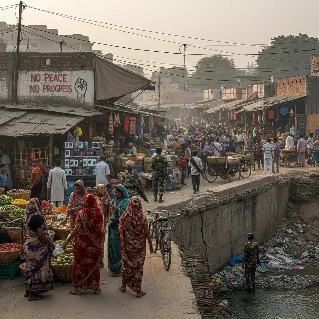 Bustling marketplace in a developing nation, showing economic activity amidst subtle signs of political unrest.