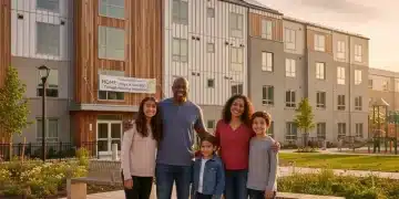 Family smiling in front of affordable housing complex