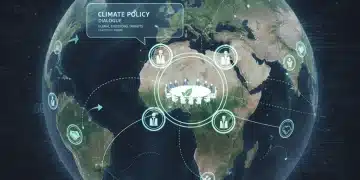 Global map with climate data and national flags representing international climate summit discussions and their impact on US environmental policy.