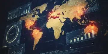 Stylized world map with conflict hotspots and economic charts, symbolizing future global conflicts and their economic impact.