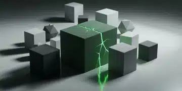 A minimalist arrangement of fractured green geometric blocks on concrete, with emerald light emitting from fissures, surrounded by displaced grey shapes, symbolizing the ripple effect of global events.