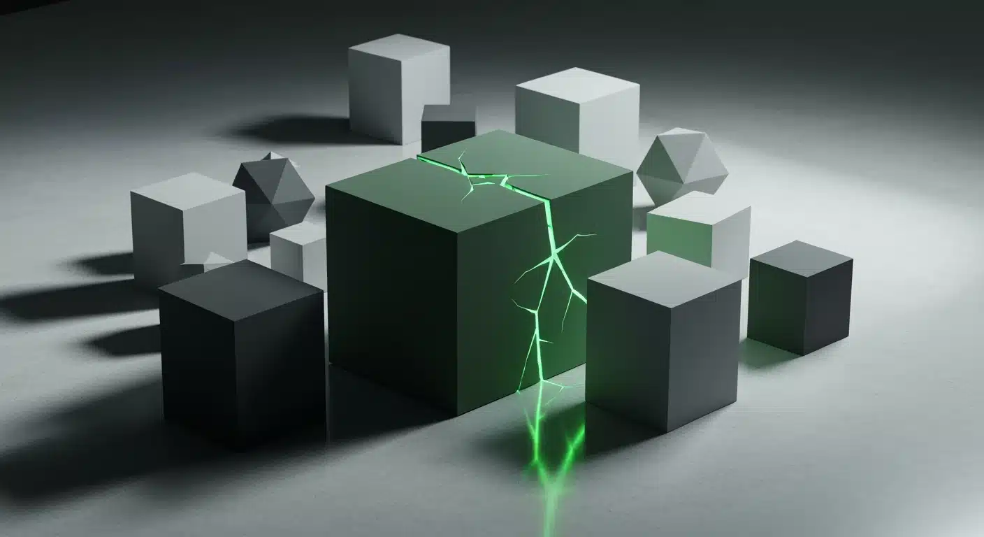 A minimalist arrangement of fractured green geometric blocks on concrete, with emerald light emitting from fissures, surrounded by displaced grey shapes, symbolizing the ripple effect of global events.