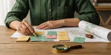 Person in a green shirt organizing color-coded benefit category cards on a wooden table, with an antique magnifying glass and a public assistance framework map, illustrating strategic navigation of various aid types.