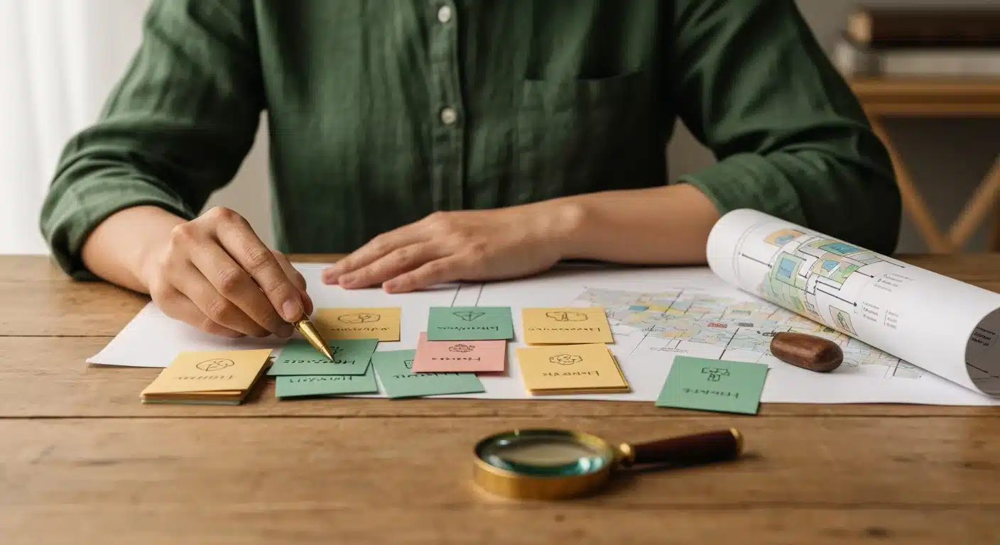 Person in a green shirt organizing color-coded benefit category cards on a wooden table, with an antique magnifying glass and a public assistance framework map, illustrating strategic navigation of various aid types.