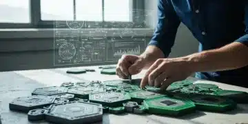 A person assembling intricate hexagonal circuit boards on a workbench, with a digital projection of algorithms in the background, symbolizing continuous learning in a tech-driven world.