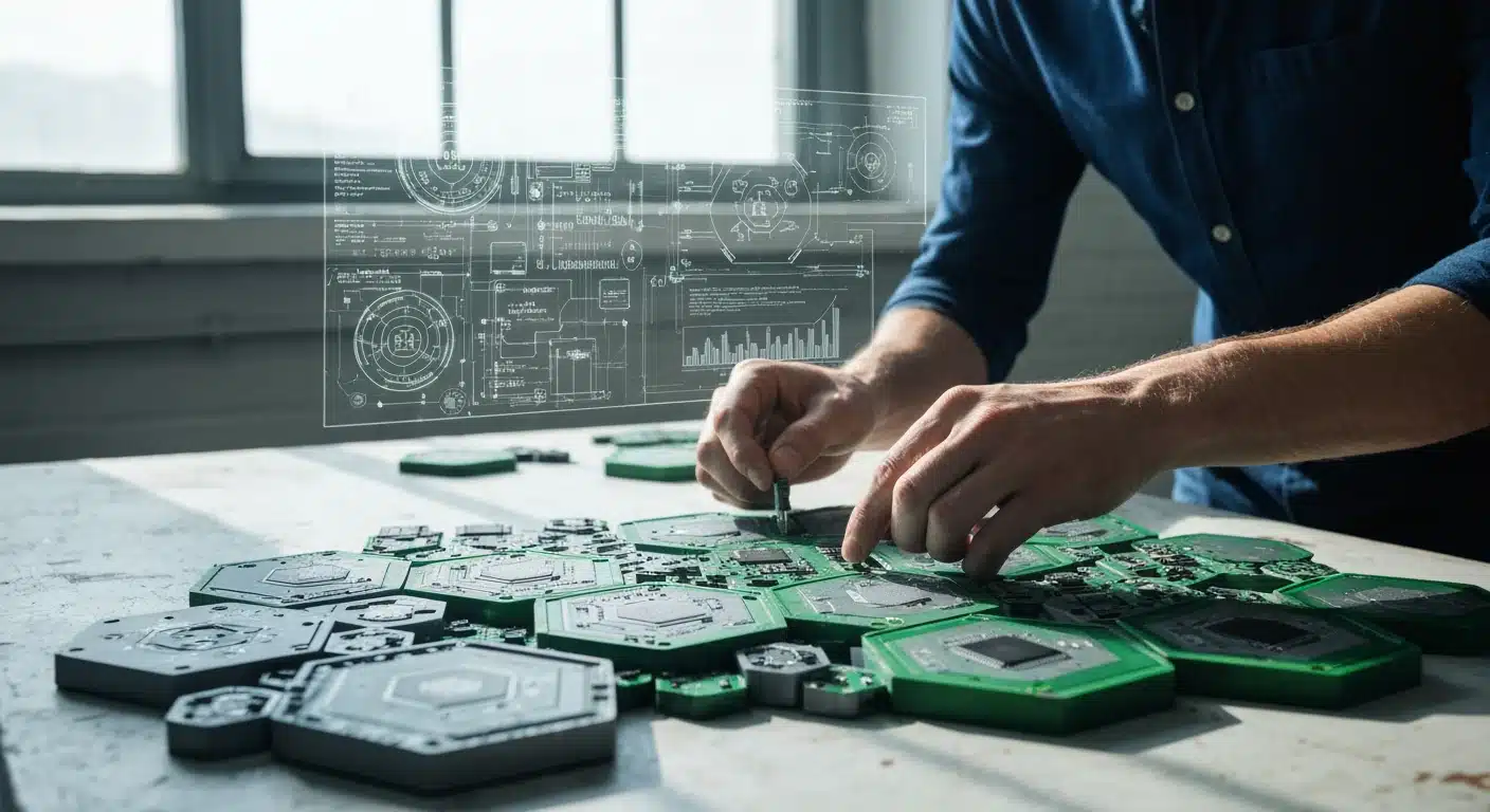 A person assembling intricate hexagonal circuit boards on a workbench, with a digital projection of algorithms in the background, symbolizing continuous learning in a tech-driven world.