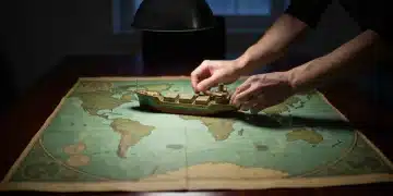 An overhead view of hands placing a miniature brass cargo ship onto a green-tinted antique world map, symbolizing global trade and geopolitical shifts.