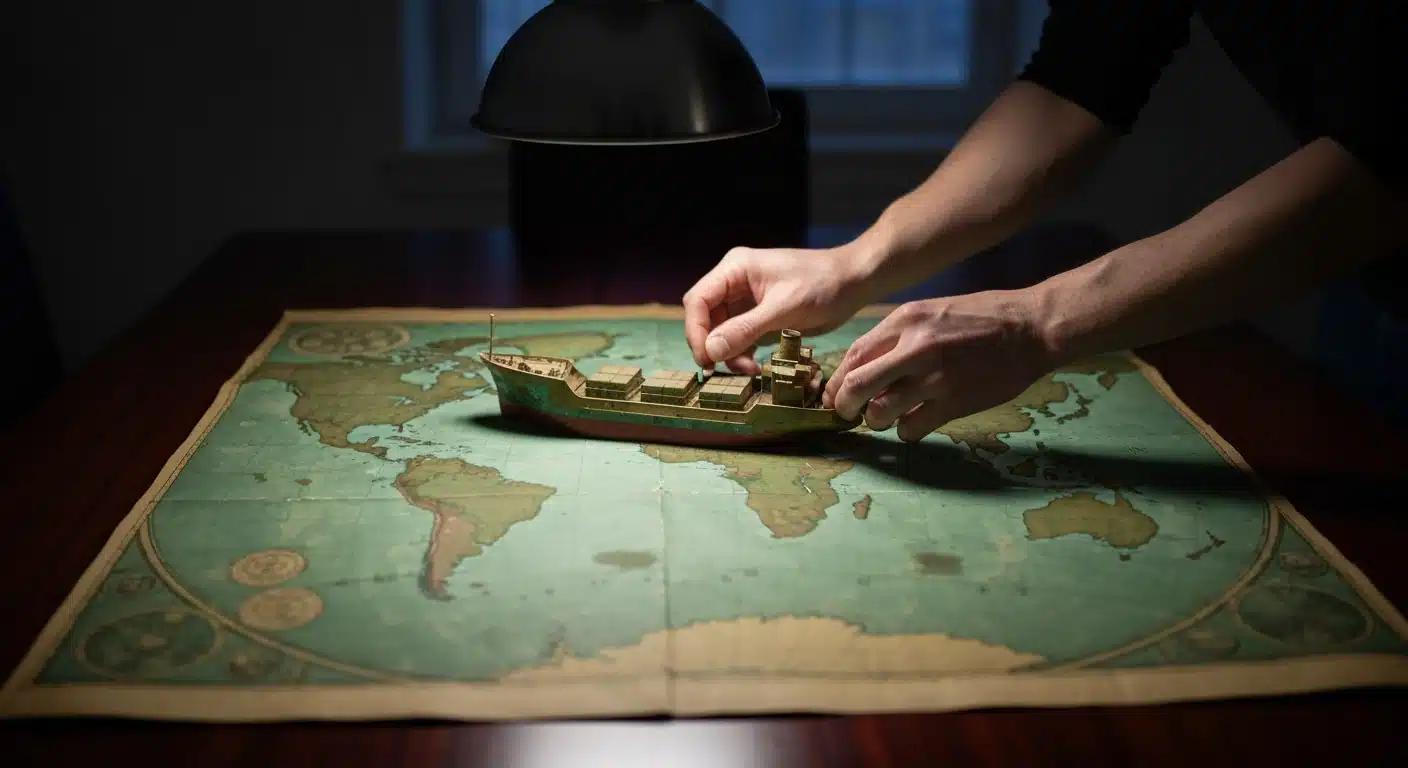 An overhead view of hands placing a miniature brass cargo ship onto a green-tinted antique world map, symbolizing global trade and geopolitical shifts.
