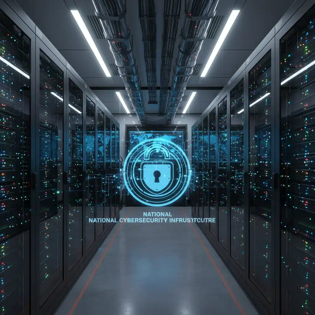 Secure server room with padlock icon, representing national cybersecurity infrastructure.