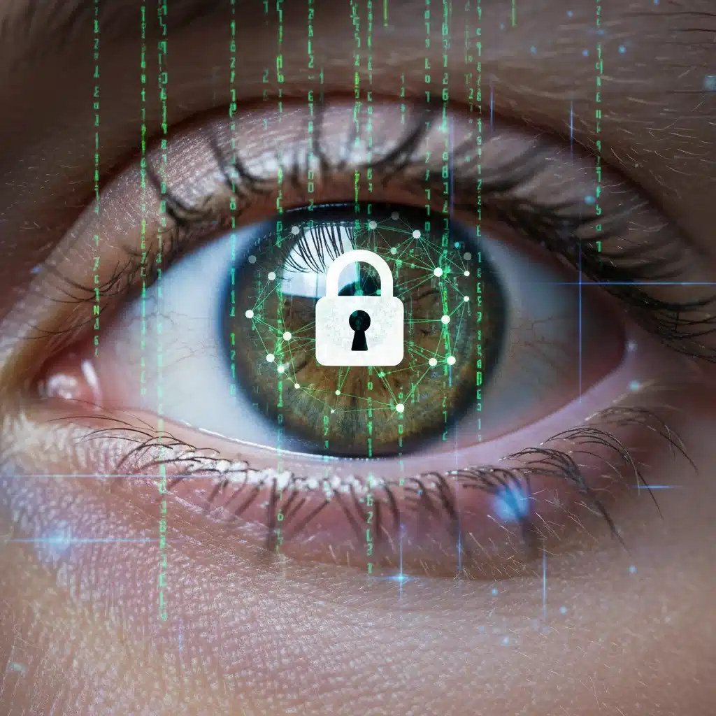 Digital eye with code overlay, symbolizing personal cybersecurity and individual vulnerability.