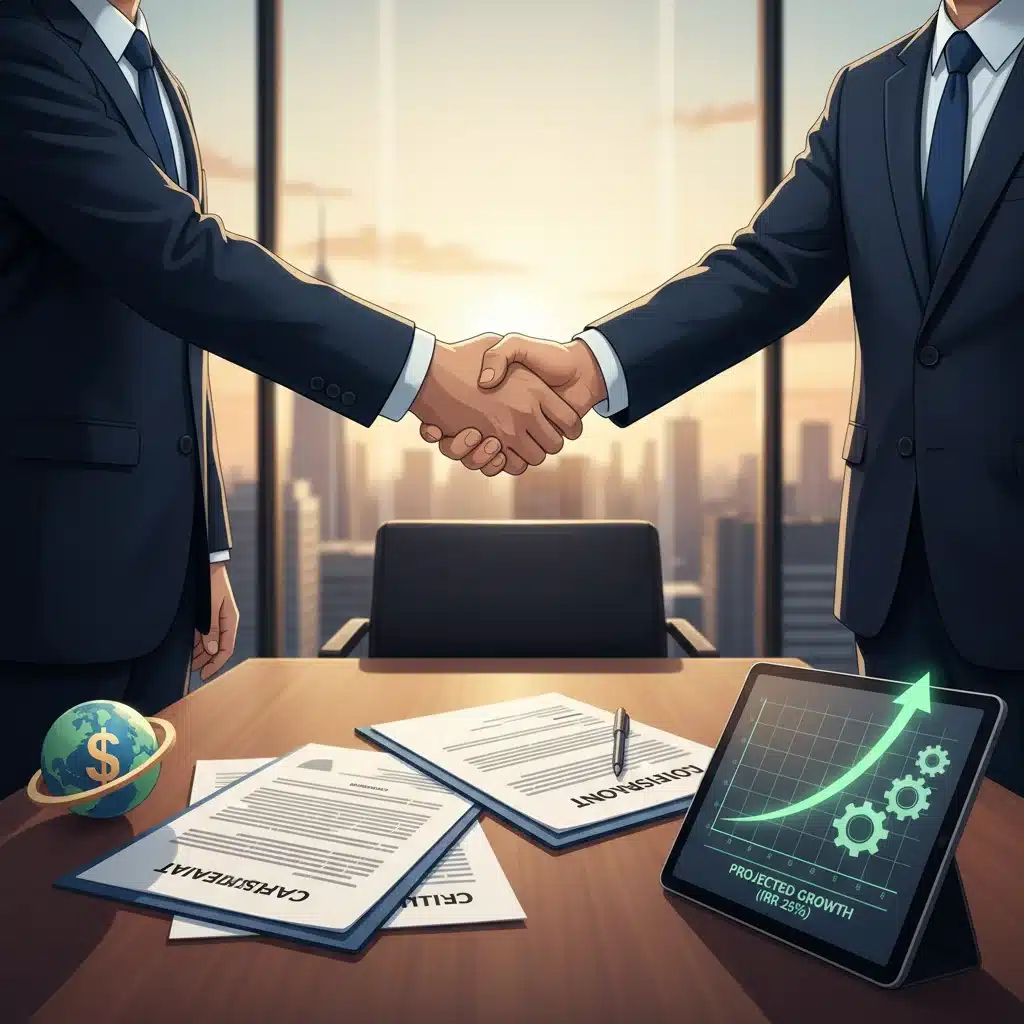 Illustration of a private equity deal handshake and financial documents