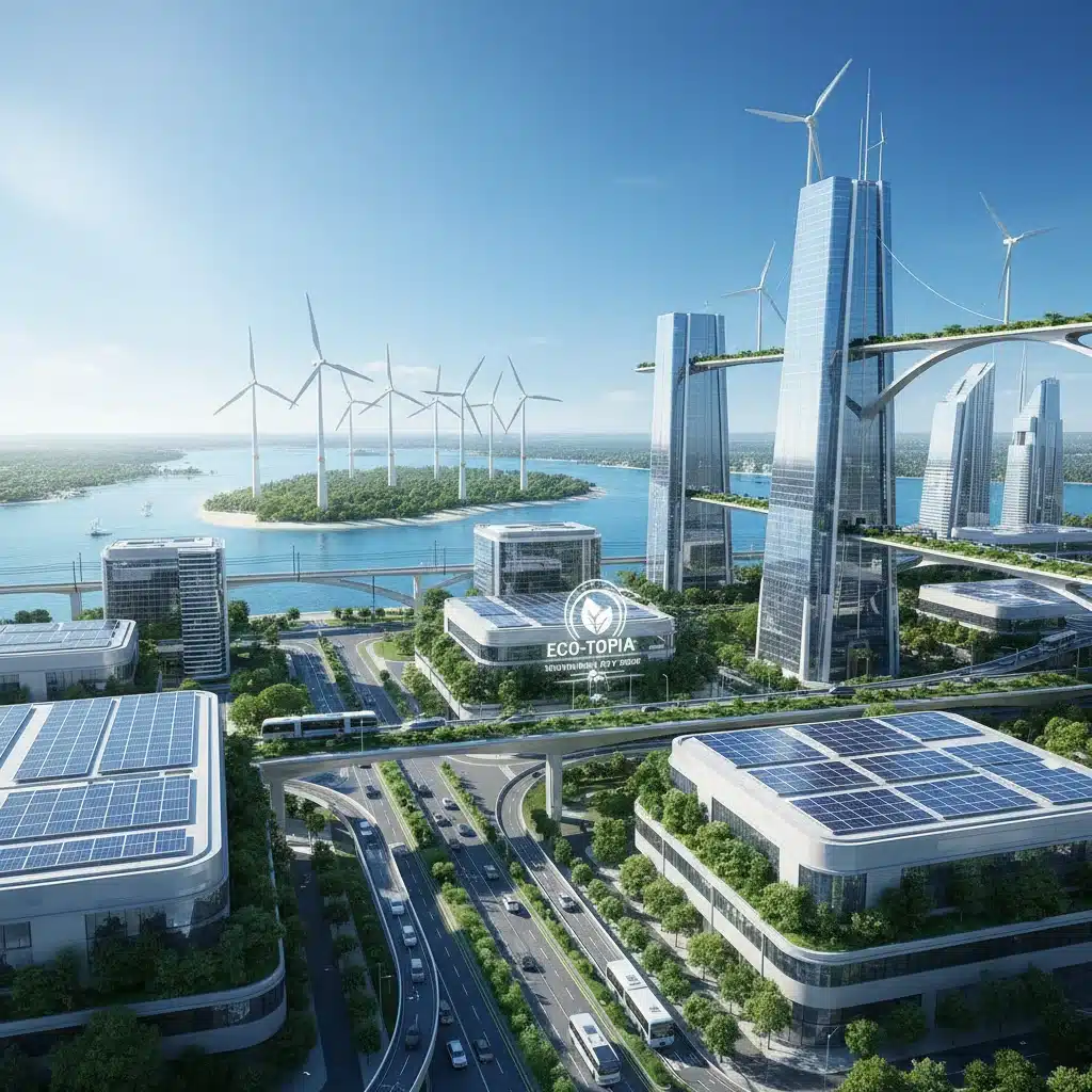 Renewable energy infrastructure in a modern city, illustrating the positive outcomes of effective environmental policy.