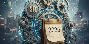 Complex regulatory framework with 2026 calendar and financial charts for SEC changes.