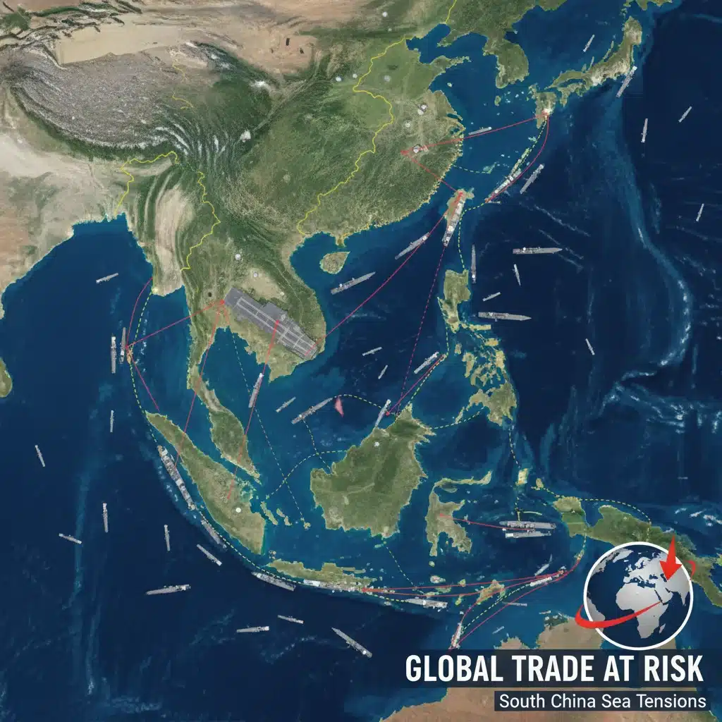 Satellite view of contested maritime region with naval vessels, illustrating South China Sea tensions.