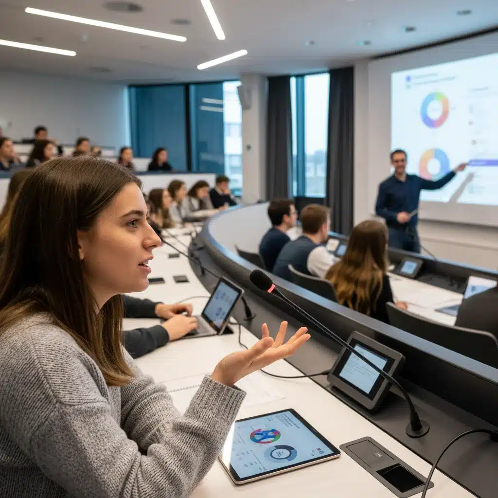 Student engaged in a modern university lecture, highlighting interactive learning.