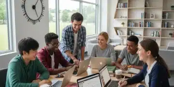 Group of students enthusiastically preparing college applications