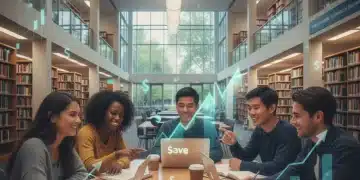 Students studying with financial savings overlay