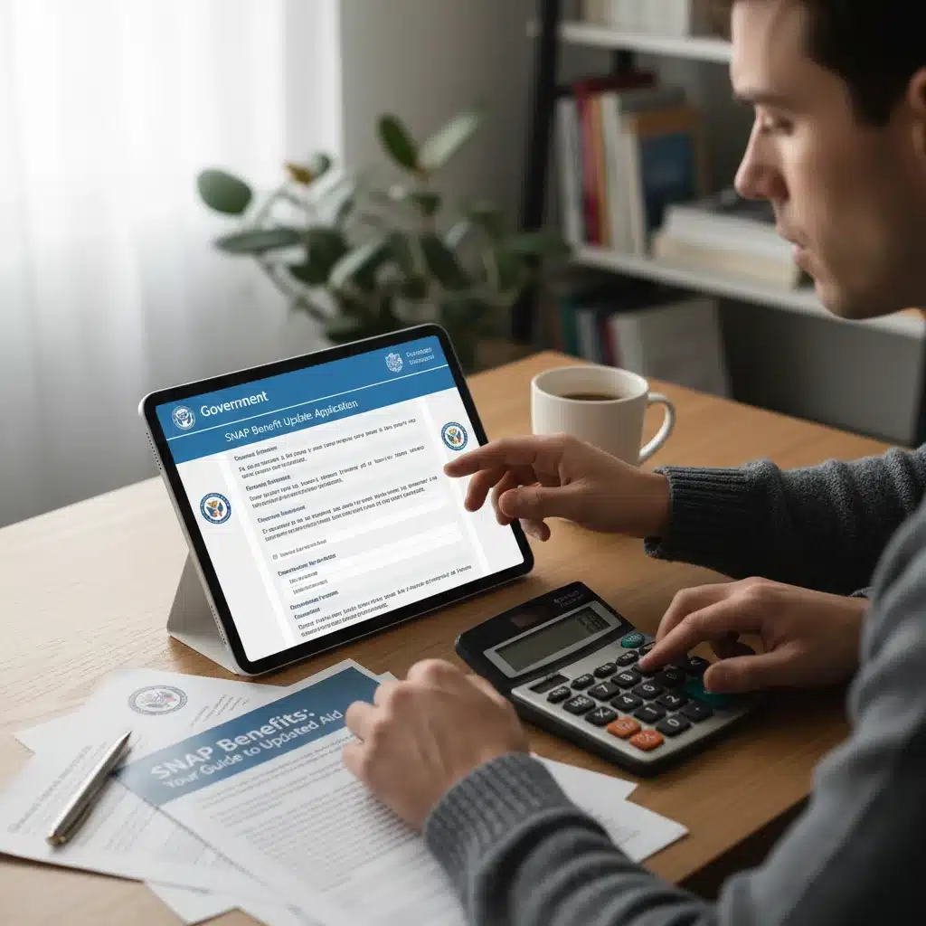 Person reviewing SNAP application documents on a tablet.