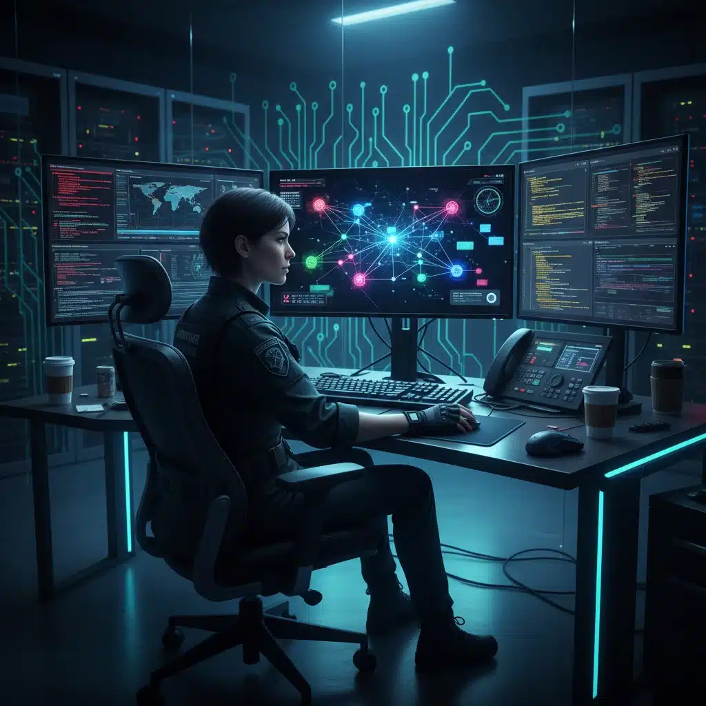 Cybersecurity expert monitoring network threats in a secure operations center