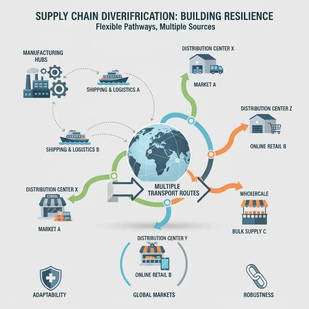 Infographic illustrating diversified global supply chain strategies with multiple routes and sources.