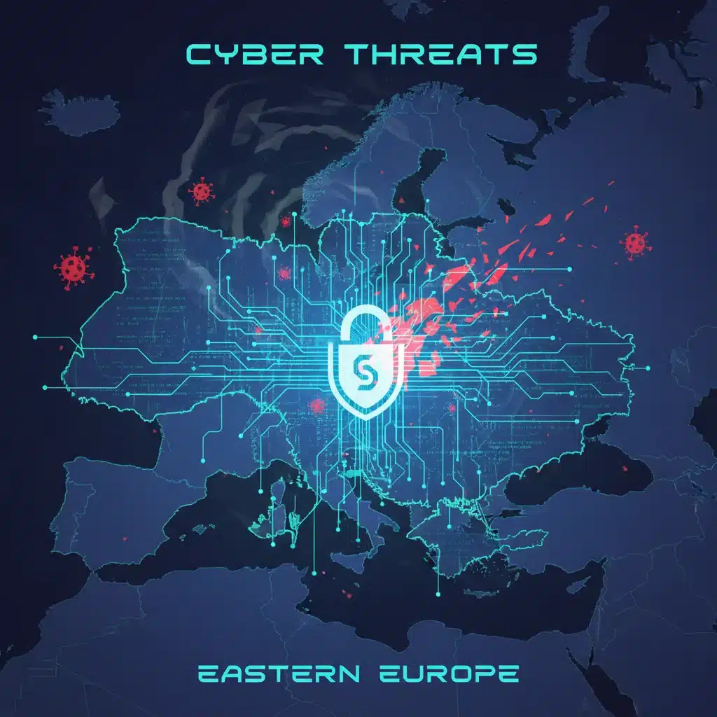 Cybersecurity threats depicted over Eastern Europe, illustrating digital warfare.