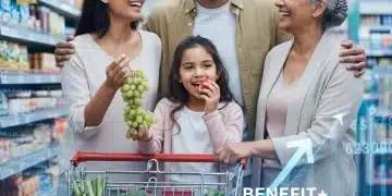 Family happily shopping for groceries, symbolizing food security and updated SNAP benefits.