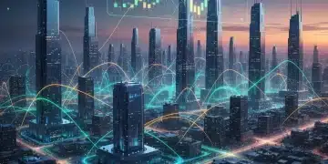 Futuristic cityscape with glowing economic connections and upward stock market trends, representing high growth sectors.