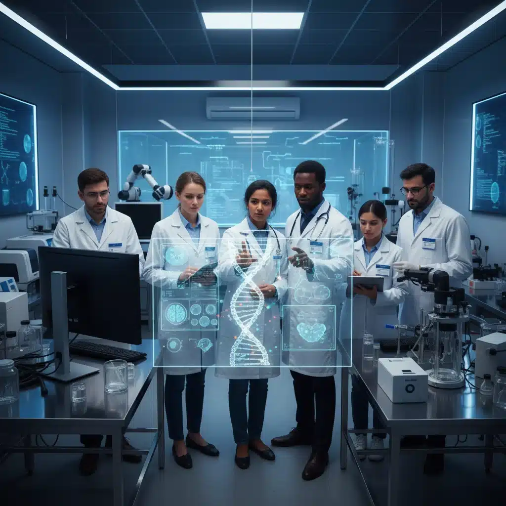 Healthcare professionals collaborating in a high-tech research lab, symbolizing medical innovation.