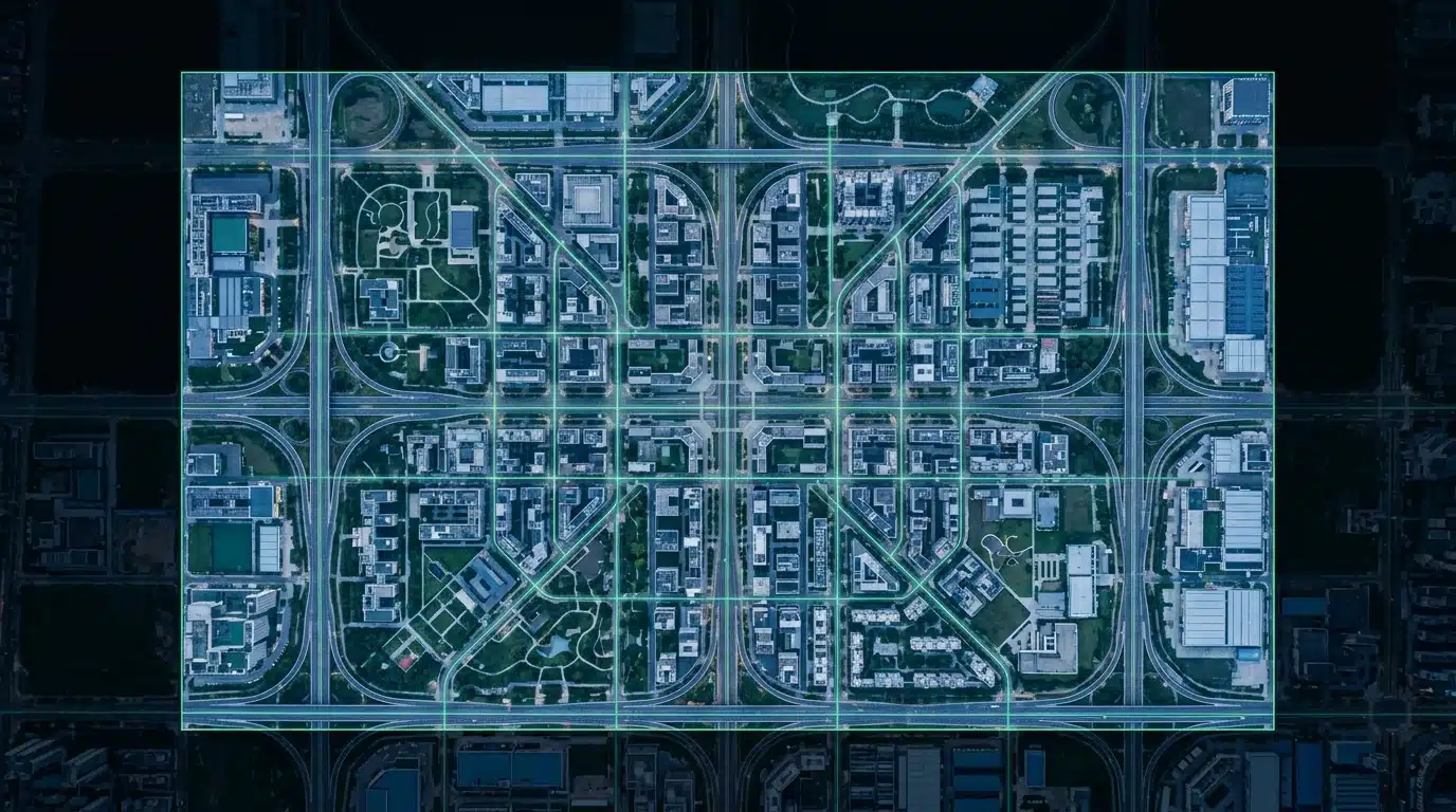Aerial view of a geometrically structured city at dusk, with glowing green lines overlaying infrastructure, symbolizing evolving public assistance frameworks and interconnected social safety nets.