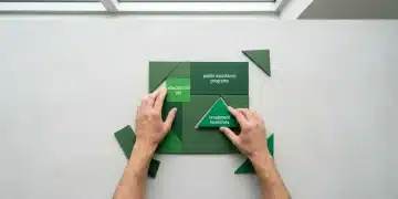 An overhead view of hands arranging dark green geometric puzzle pieces on a light grey surface, symbolizing various financial benefits like education aid and public assistance, set in soft natural light.