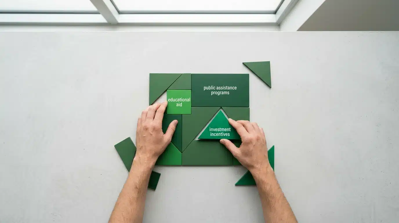 An overhead view of hands arranging dark green geometric puzzle pieces on a light grey surface, symbolizing various financial benefits like education aid and public assistance, set in soft natural light.