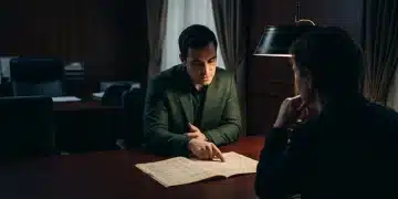 A financial advisor in a dark green blazer explains complex investment strategies on financial statements to a client at a mahogany table, highlighted by dramatic chiaroscuro lighting.