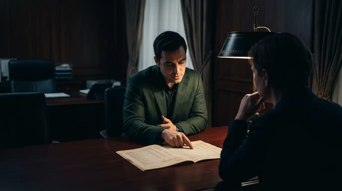 A financial advisor in a dark green blazer explains complex investment strategies on financial statements to a client at a mahogany table, highlighted by dramatic chiaroscuro lighting.