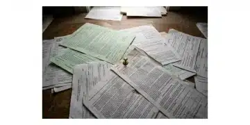 An overhead view of a cluttered desk with tightly interwoven, crinkled official documents in green and white, held by a tarnished brass thumbtack, symbolizing confusing public assistance rules and unclaimed benefits.